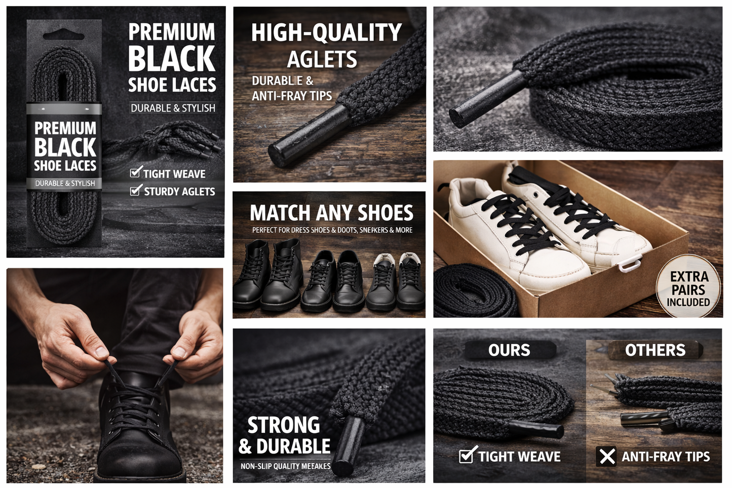 Promotional collage of black shoe laces with text highlighting features and uses.