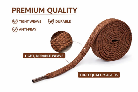 Brown shoelace with text highlighting features on a white background