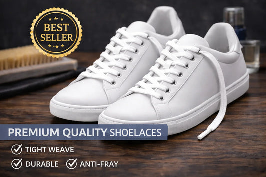 White sneakers with premium quality shoelaces on a wooden surface, featuring a 'Best Seller' badge.