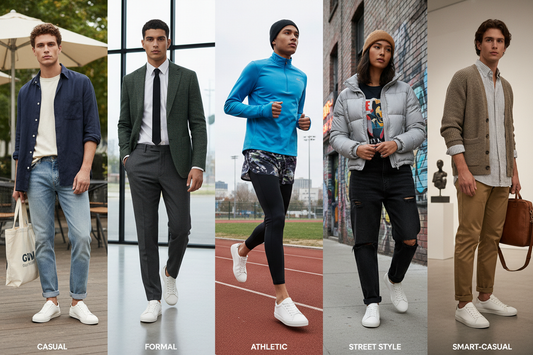 Five different styling options for vegan sneakers from casual to formal occasions showing versatile fashion combinations