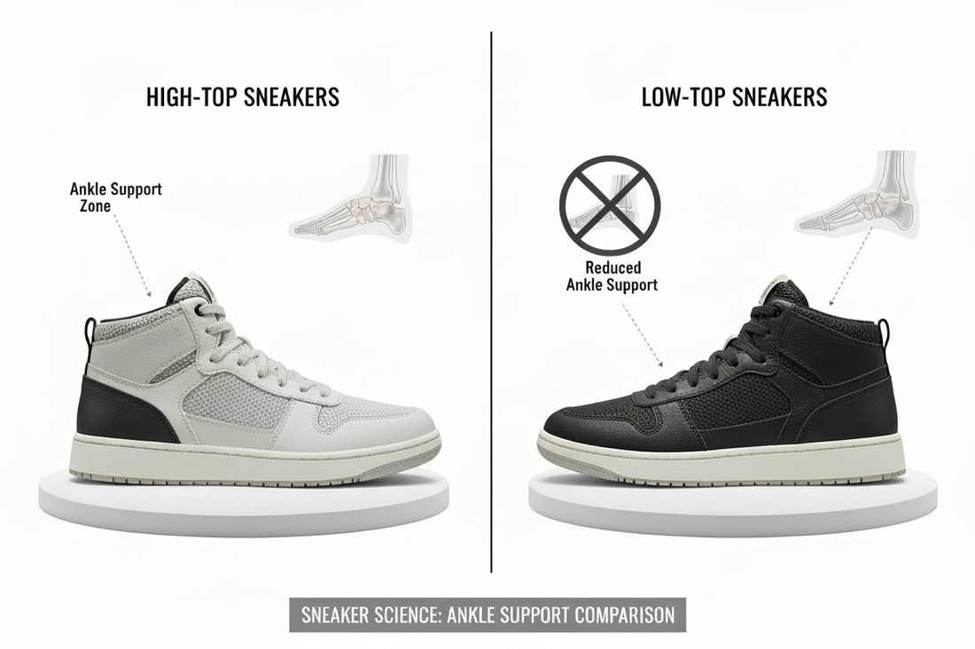 Comparison of high-top and low-top vegan sneakers showing ankle support differences for choosing the right sneaker style