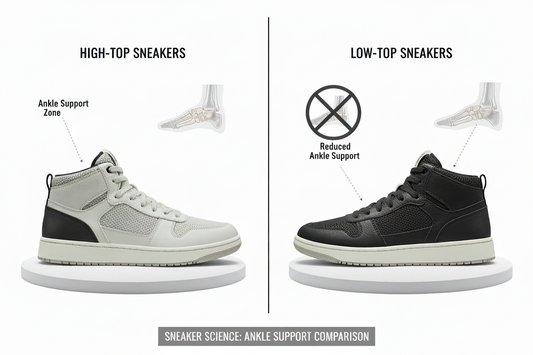 Comparison of high-top and low-top vegan sneakers showing ankle support differences for choosing the right sneaker style