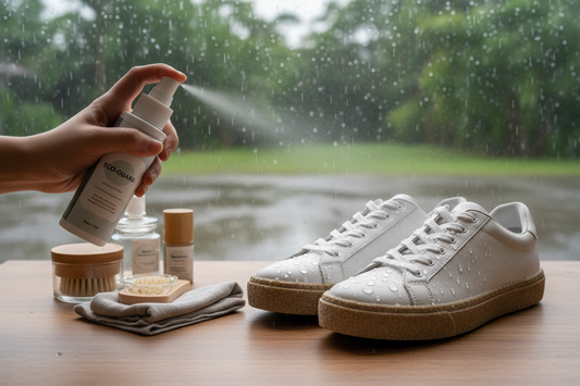 Waterproofing and protecting vegan sneakers during monsoon season with care products and maintenance supplies