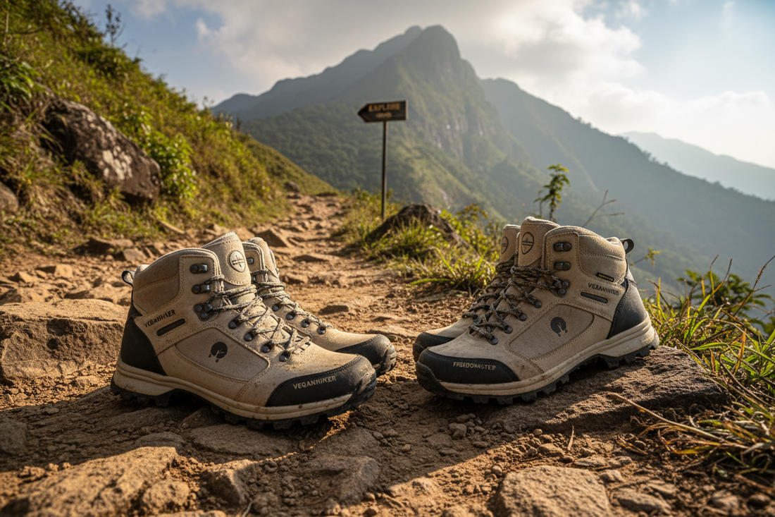 Premium vegan outdoor hiking shoes on Indian mountain trail demonstrating durability and performance for adventure activities