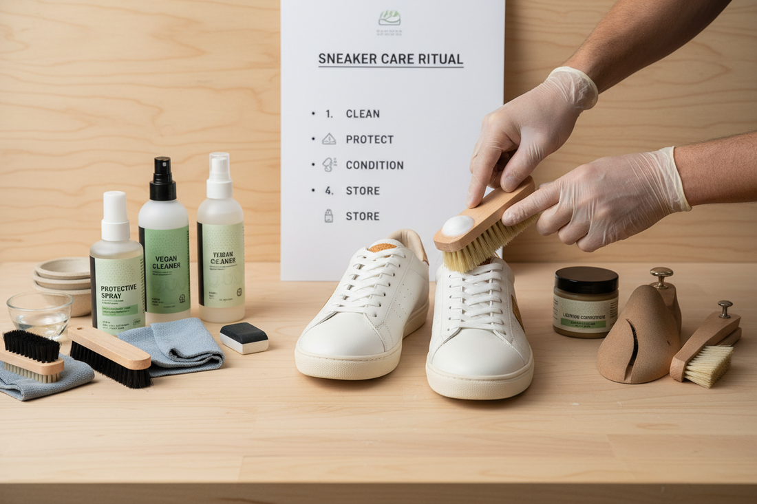 Complete vegan sneaker care and maintenance guide with cleaning supplies brushes and protective products for longevity