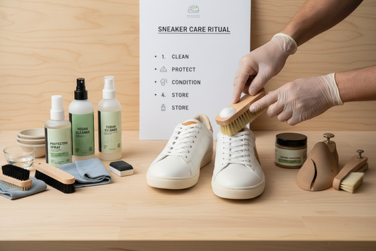 Complete vegan sneaker care and maintenance guide with cleaning supplies brushes and protective products for longevity