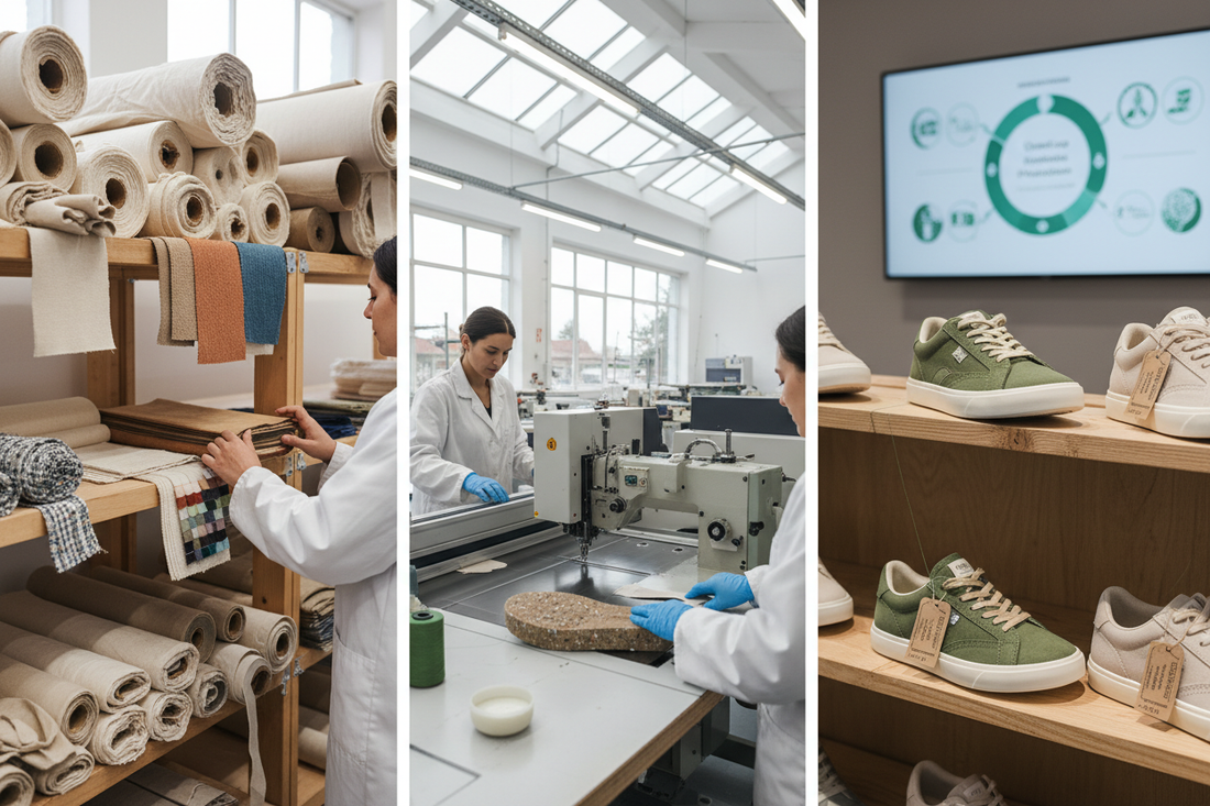 Sustainable manufacturing process of vegan sneakers showing eco-friendly materials and ethical production methods