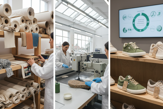 Sustainable manufacturing process of vegan sneakers showing eco-friendly materials and ethical production methods