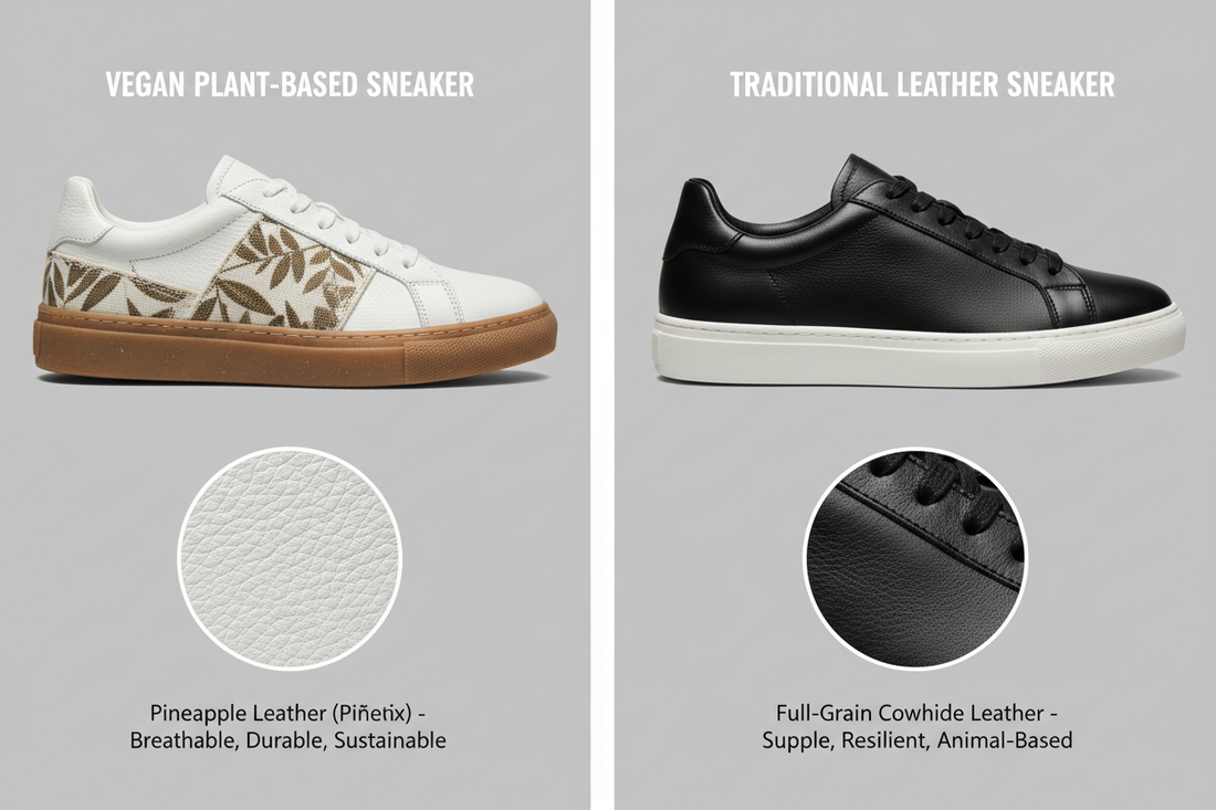 Side-by-side comparison of vegan plant-based sneakers versus traditional leather sneakers showing material differences