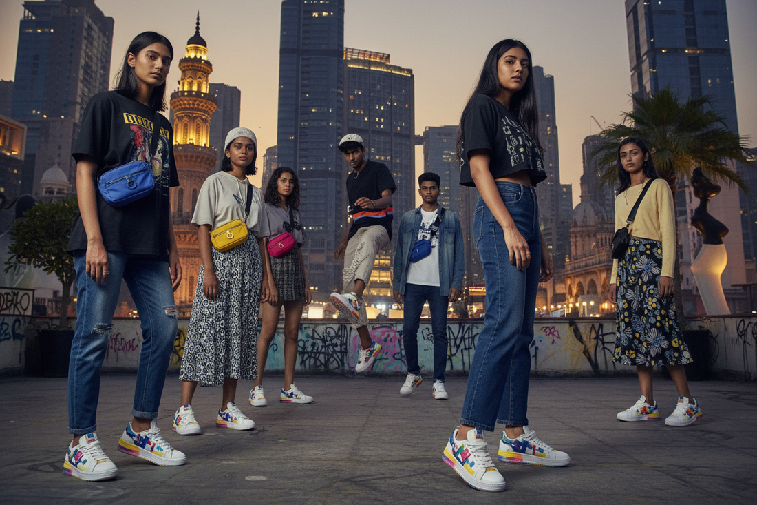 Young Indian millennials wearing ZONTREK premium vegan sneakers in urban setting showcasing youth lifestyle and fashion