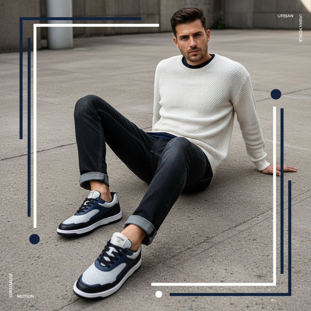 Men’s sneakers worn by model, showcasing style, comfort, and trendy designs