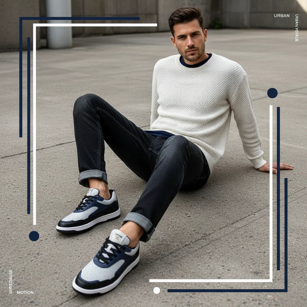 Men’s sneakers worn by model, showcasing style, comfort, and trendy designs