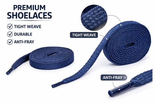 Blue shoelaces with features highlighted on a white background