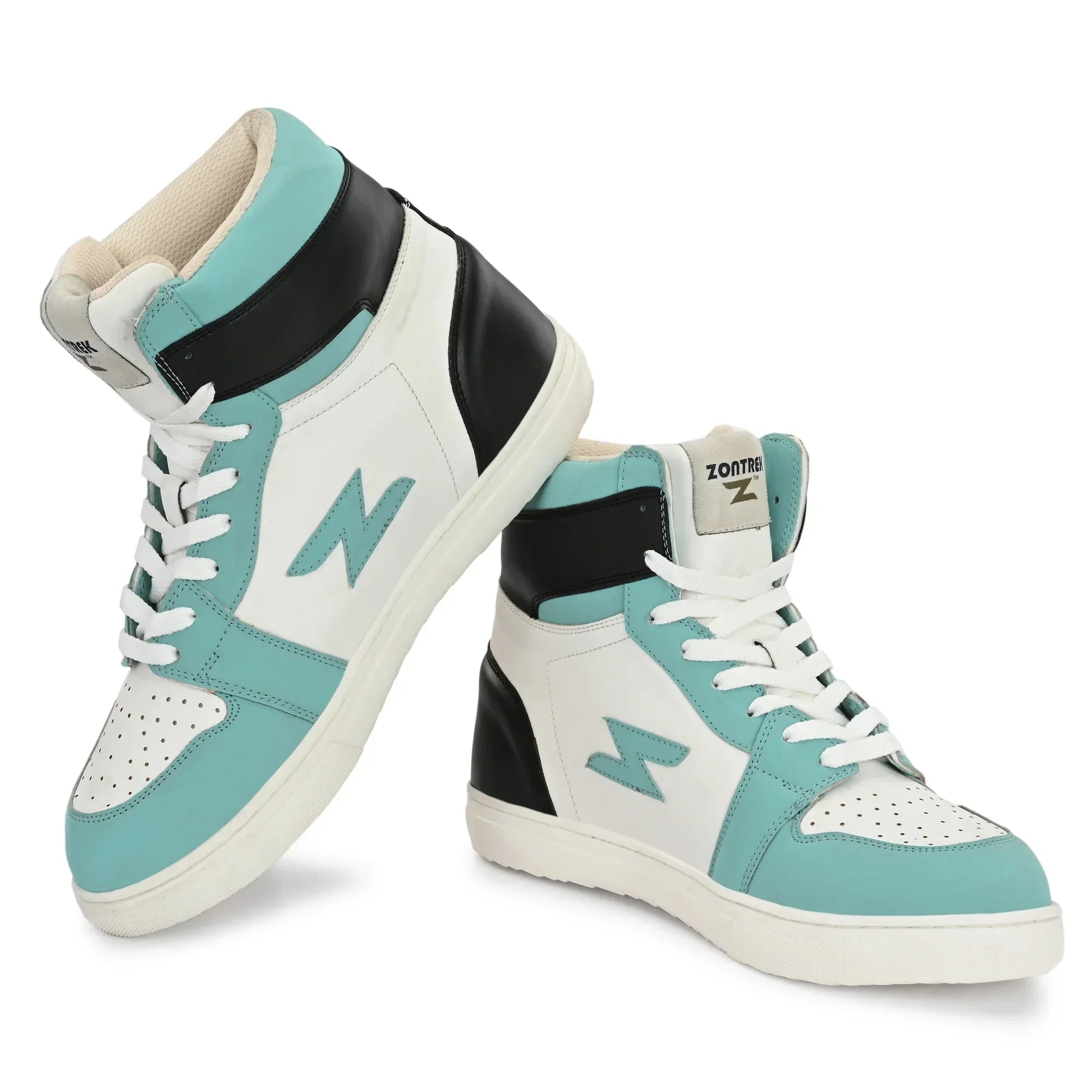 Women's Zontrek Jazz sneakers in a vibrant blue-green and white contrast, featuring a breathable mesh upper and durable white rubber sole