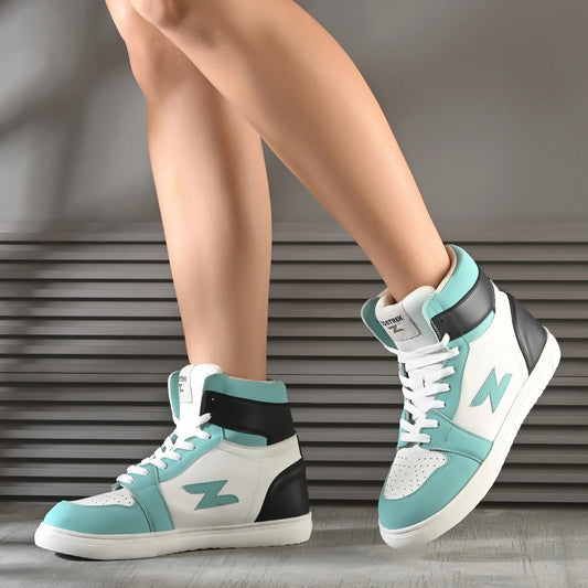 ZONTREK 1 Retro High Women’s Vegan PU Upper High-Ankle White & Blue Sneaker – Indian Premium Casual Shoe