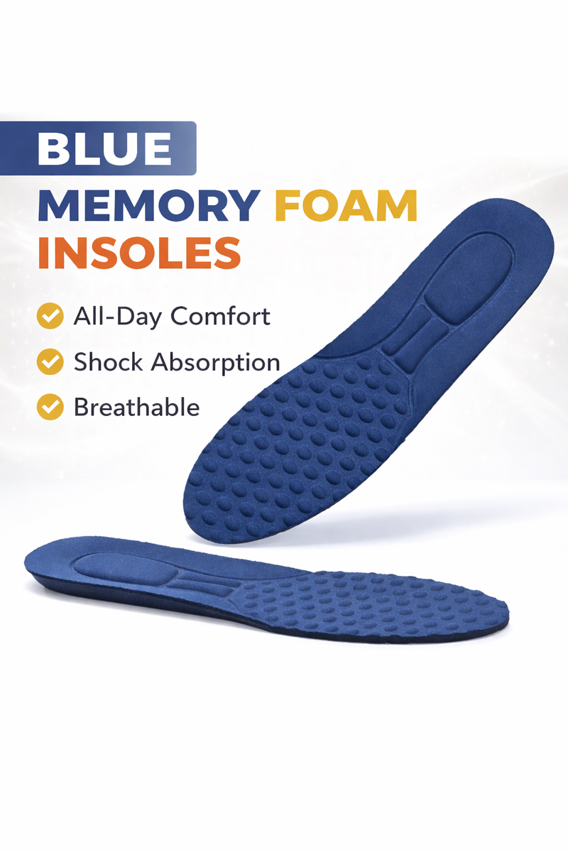 Blue memory foam insoles with text highlighting features on a white background