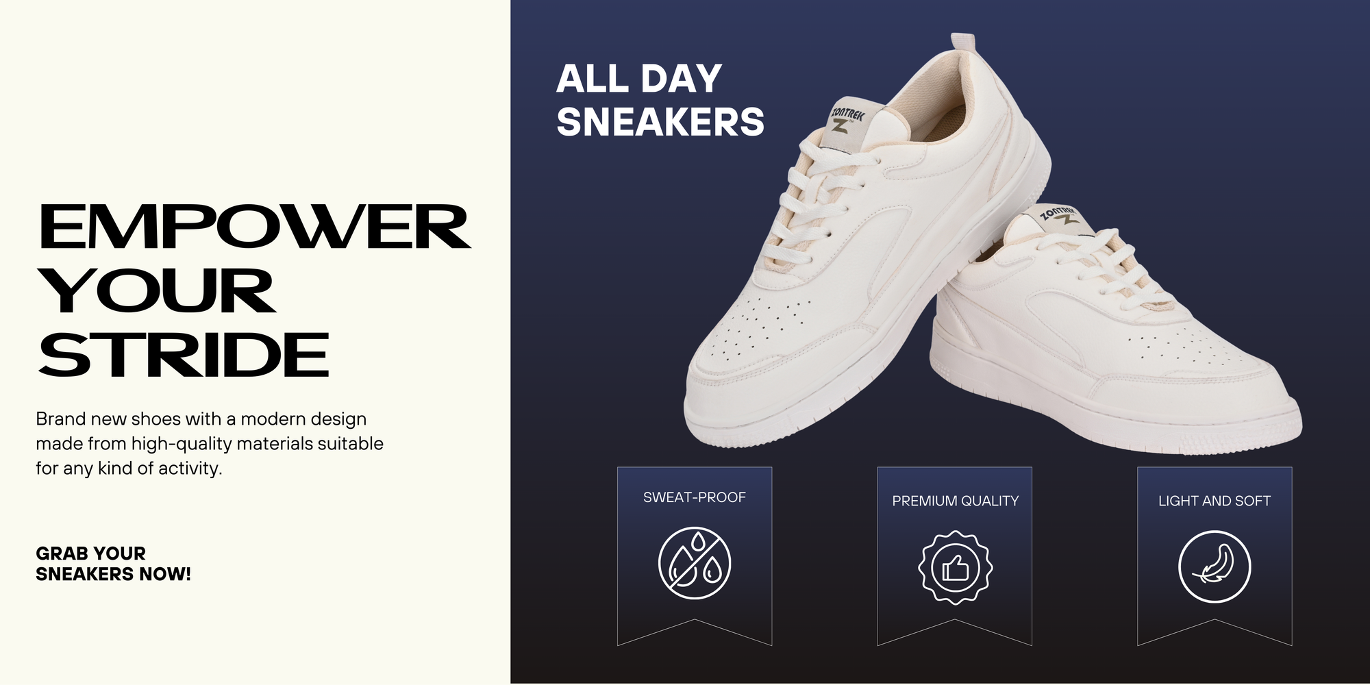 White sneakers with promotional text and icons on a dark blue background