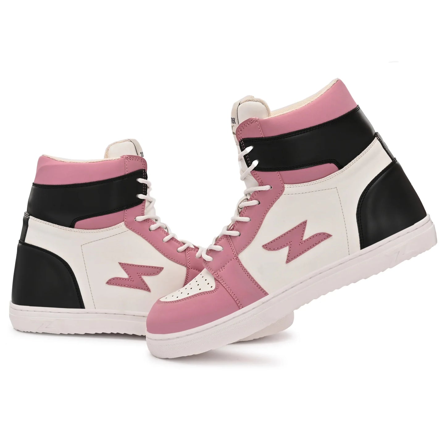 Pink and black high-top running sneakers and cushioned insole