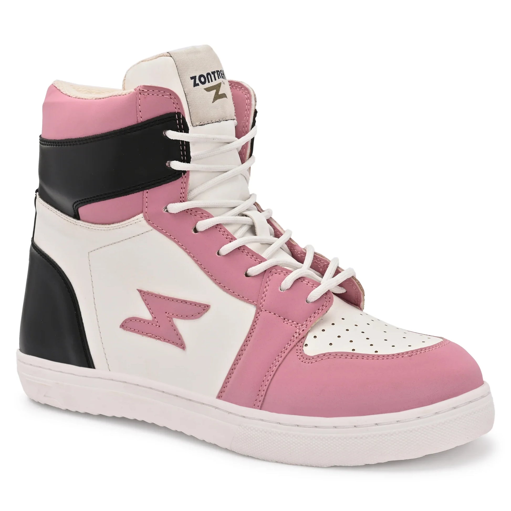 Pink and white sneaker with black accents on a white background