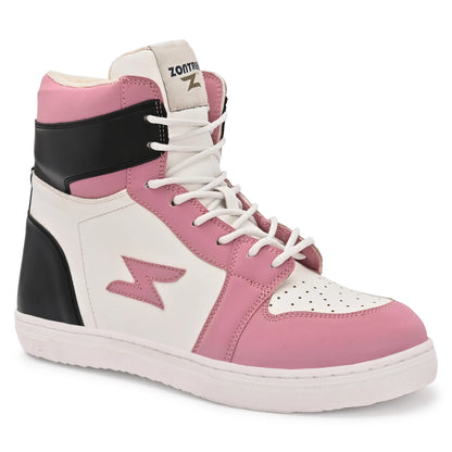 Pink and white sneaker with black accents on a white background