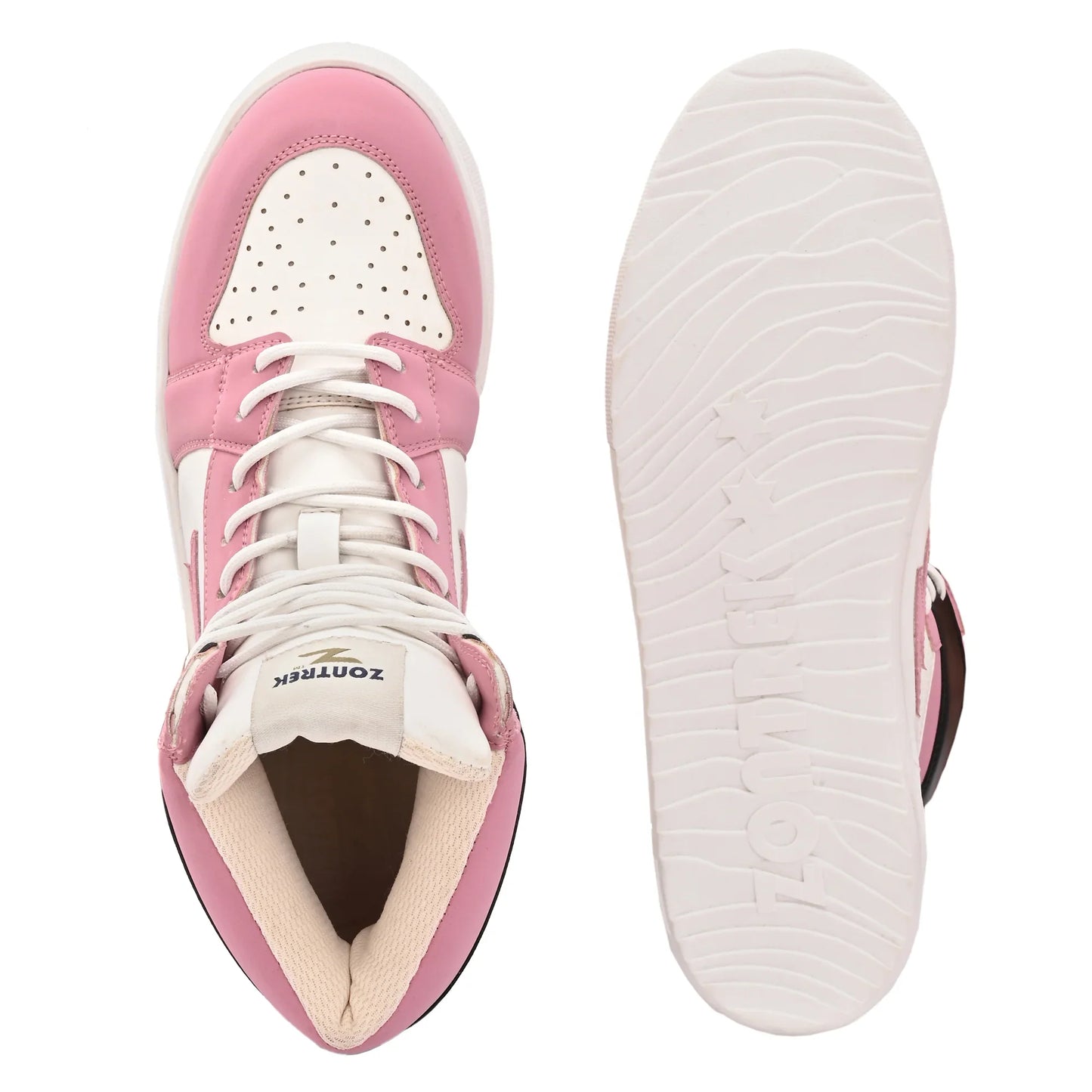 Pink high-top sneakers with white laces and sole on a white background