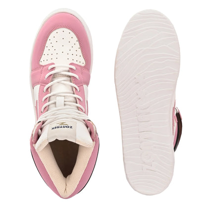 Pink high-top sneakers with white laces and sole on a white background