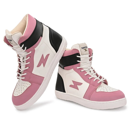Pink and black high-top sneakers with a logo on a white background