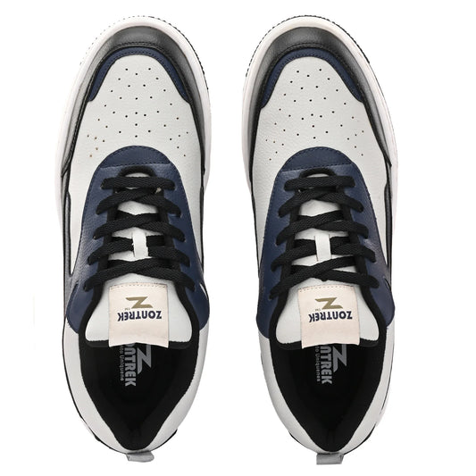 Pair of white and navy sneakers with black laces on a white background