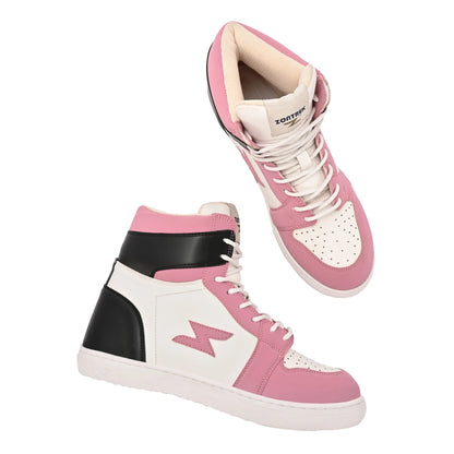 Pink and white high-top sneakers with black accents on a white background