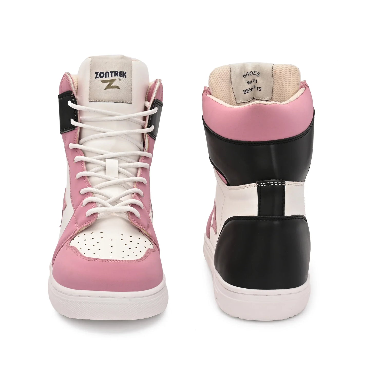 Pink and black high-top sneakers with white laces on a white background