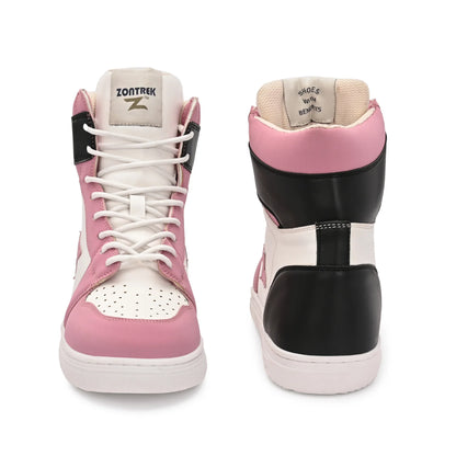 Pink and black high-top sneakers with white laces on a white background