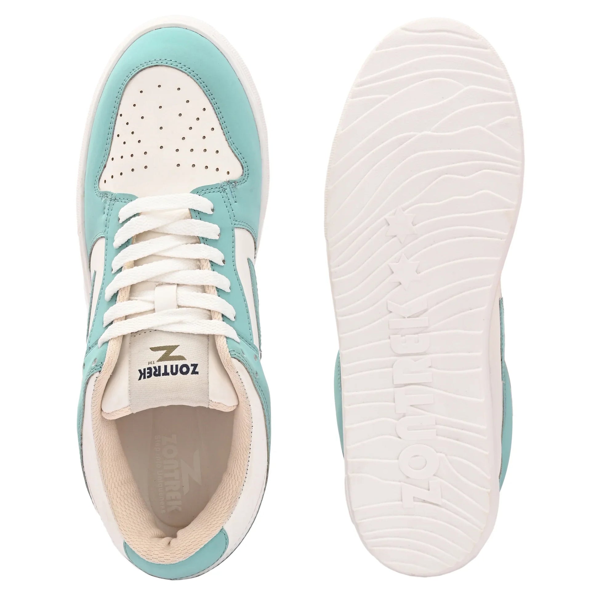 A clean, modern design Zontrek sneaker featuring a white base and mint green overlays