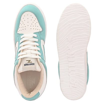 A clean, modern design Zontrek sneaker featuring a white base and mint green overlays
