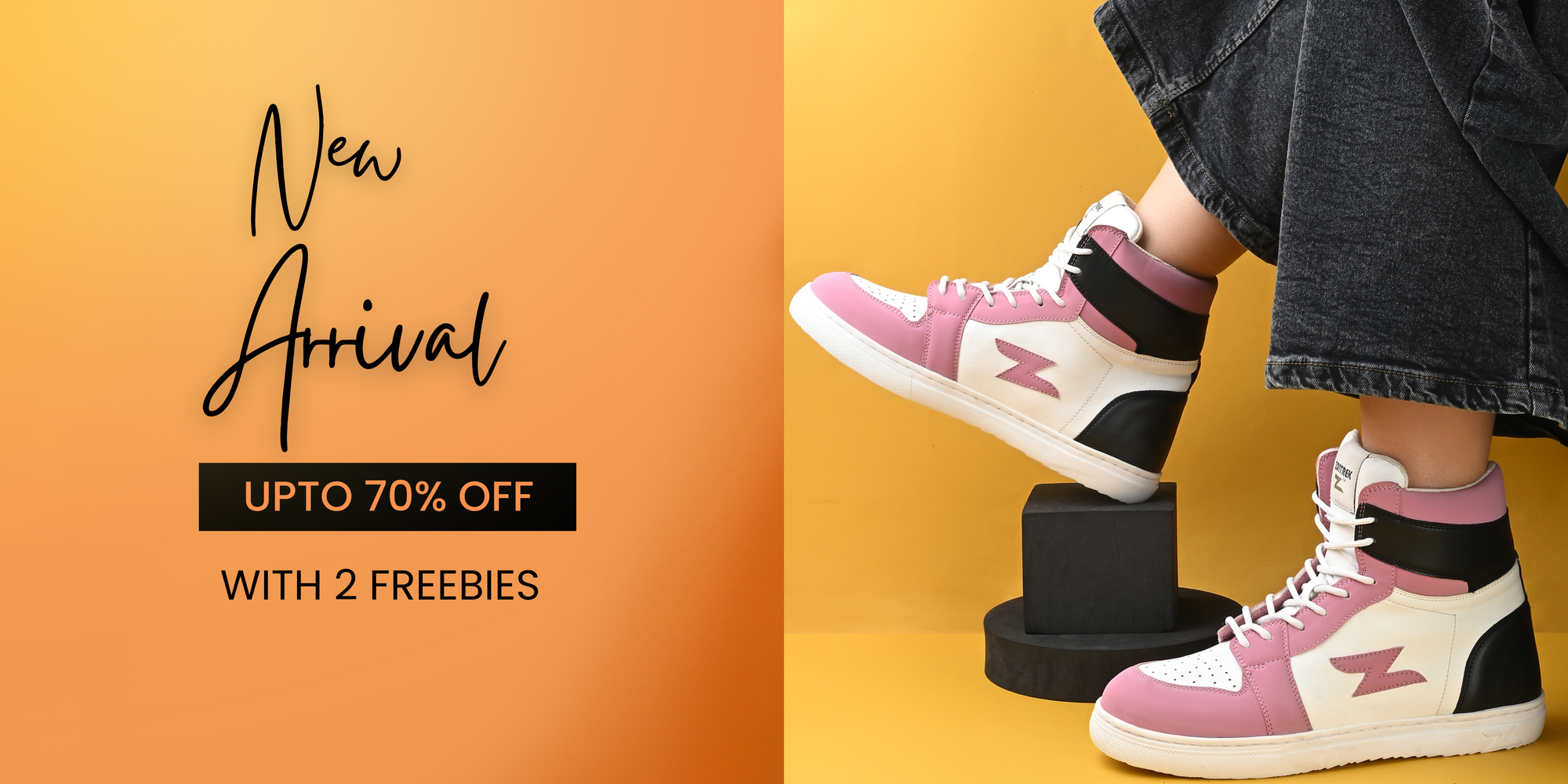 Pink sneakers with black accents worn by a person on a yellow background with promotional text.