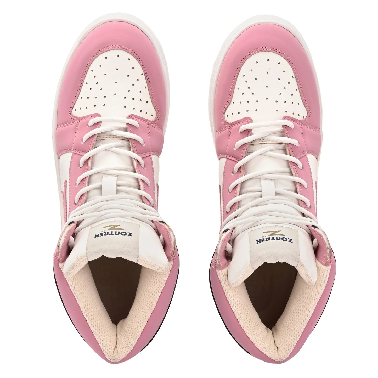 Pink high-top sneakers with white laces on a white background