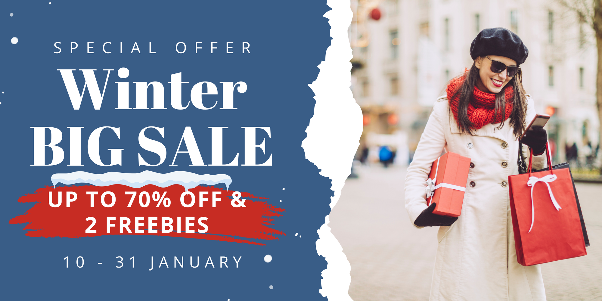 Winter sale advertisement with a woman holding shopping bags and a blue background with text.