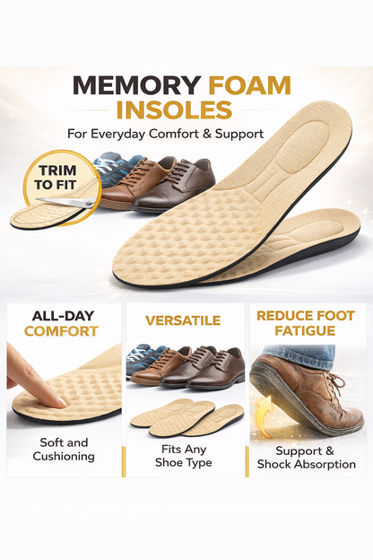 Memory foam insoles with features and benefits highlighted on a white background