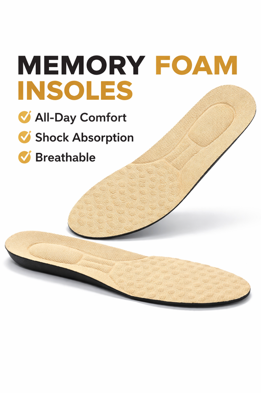 Beige memory foam insoles with text highlighting benefits on a white background