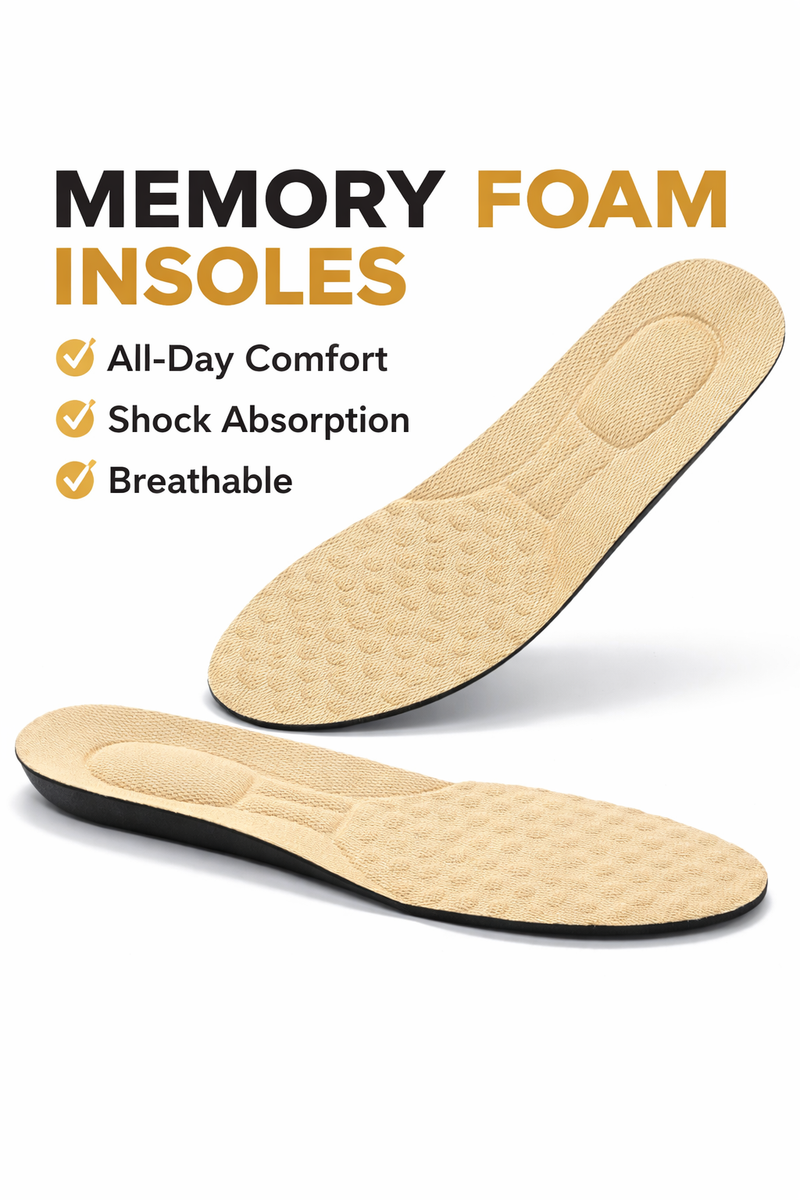 Beige memory foam insoles with text highlighting benefits on a white background