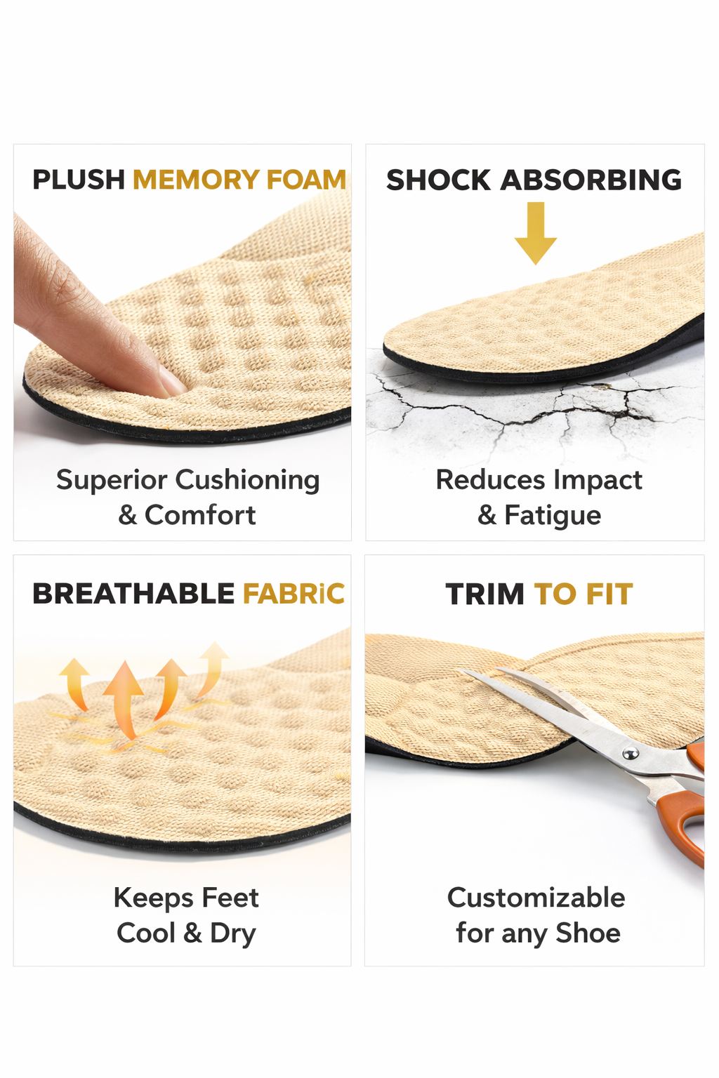 Insole with text highlighting plush memory foam, shock absorption, breathable fabric, and customizable fit.
