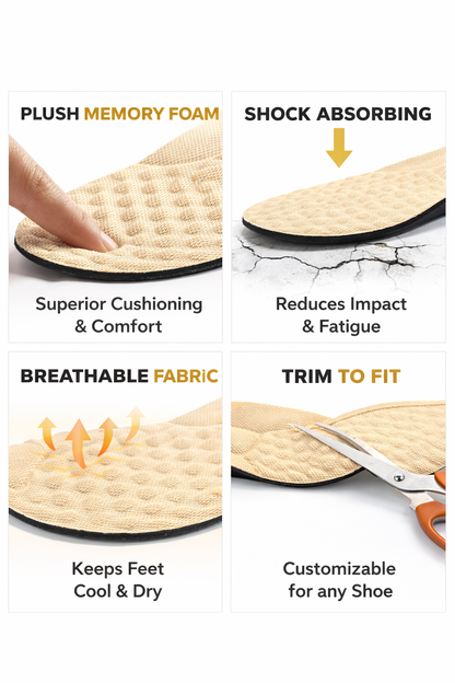 Insole with text highlighting plush memory foam, shock absorption, breathable fabric, and customizable fit.