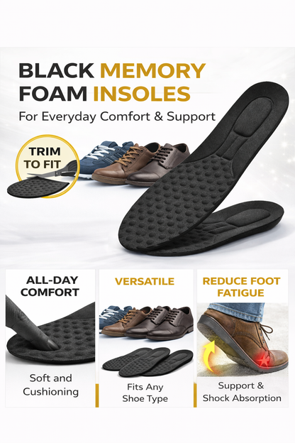 Black memory foam insoles with text highlighting features on a white background