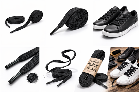 Collection of black shoelaces with different styles and packaging on a white background.