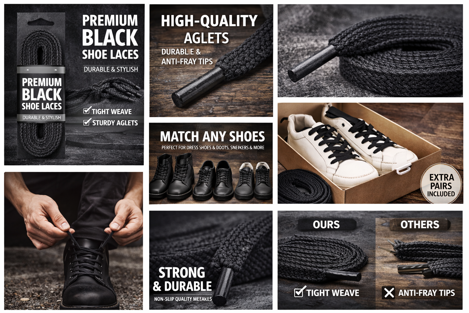 Promotional collage of black shoe laces with text highlighting features and uses.