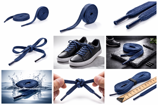 Collage of blue shoelaces with various uses and settings.