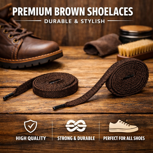 Brown shoelaces with a leather boot, brush, and jar on a wooden surface, labeled as 'Premium Brown Shoelaces'.