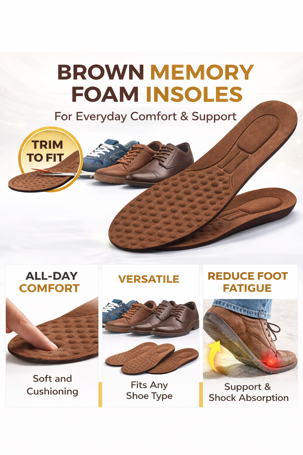 Brown memory foam insoles with features and benefits on a white background