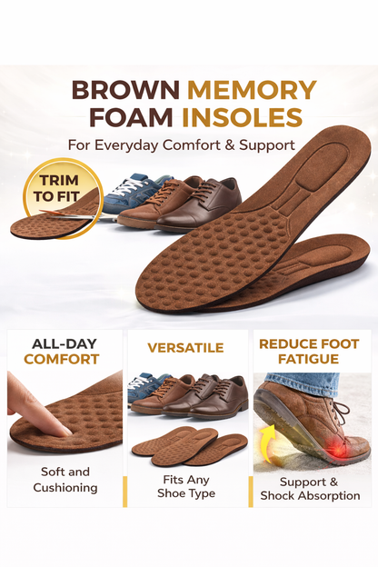 Brown memory foam insoles with features and benefits on a white background