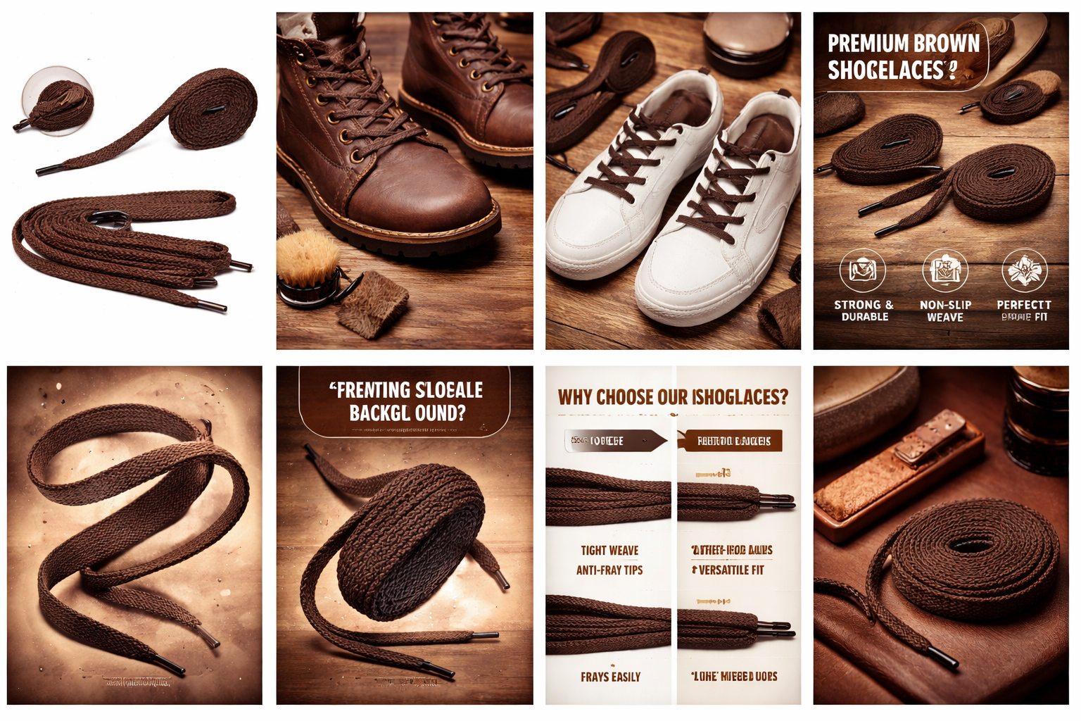 Collage of brown shoelaces with shoes and promotional text on a wooden background.