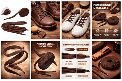 Collage of brown shoelaces with shoes and promotional text on a wooden background.